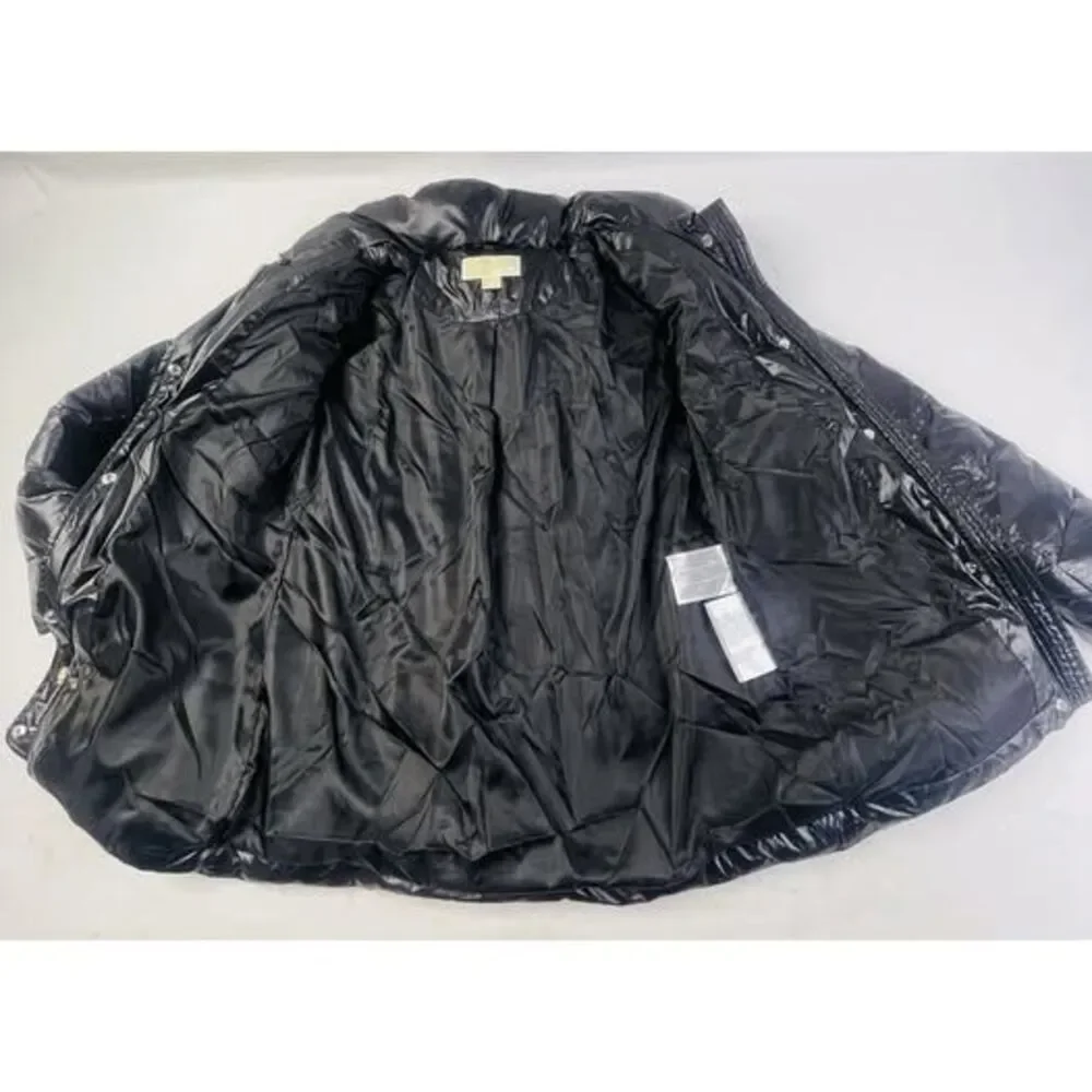 Michael Kors Women's Winter Puffer Hoodie Black And Silver Metal Jacket Size S